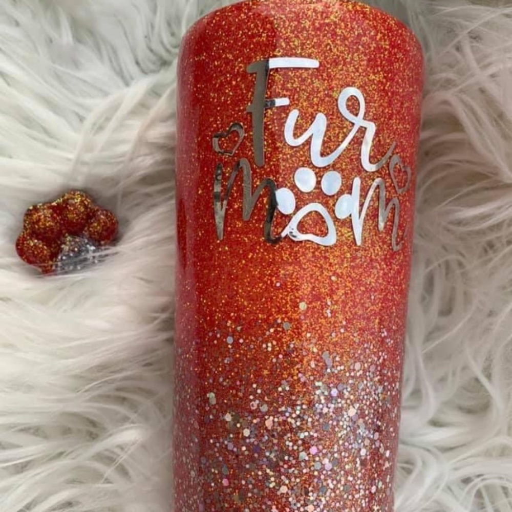 Fur dog cat mom glitter tumbler & straw topper